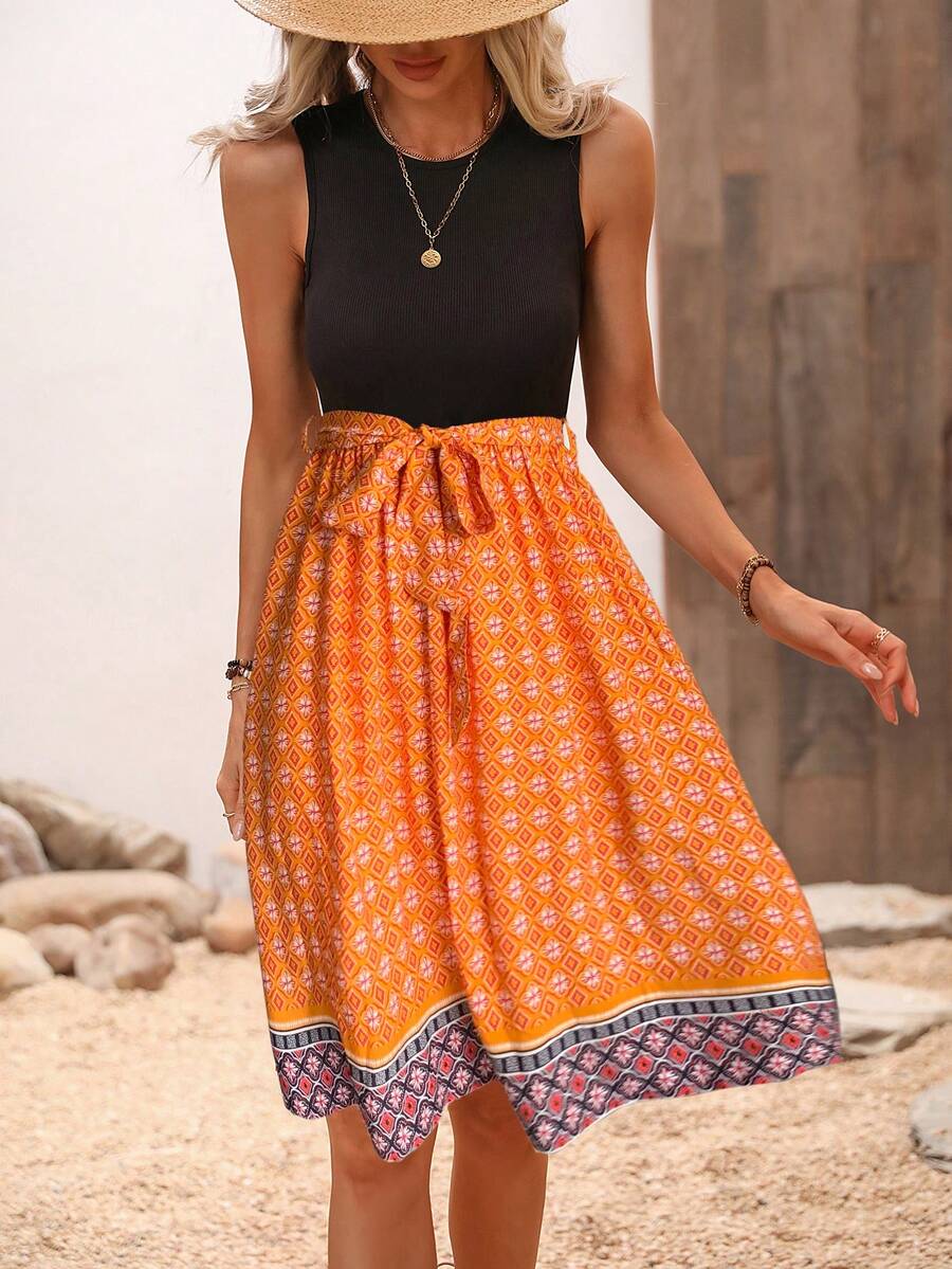 SHEIN LUNE Geo Print Belted Dress - Orange - View 1