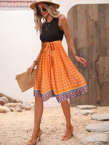 SHEIN LUNE Geo Print Belted Dress - Orange - View 3