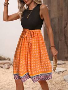 SHEIN LUNE Geo Print Belted Dress - Orange - View 5
