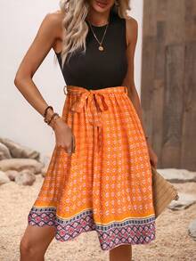 SHEIN LUNE Geo Print Belted Dress - Orange - View 6
