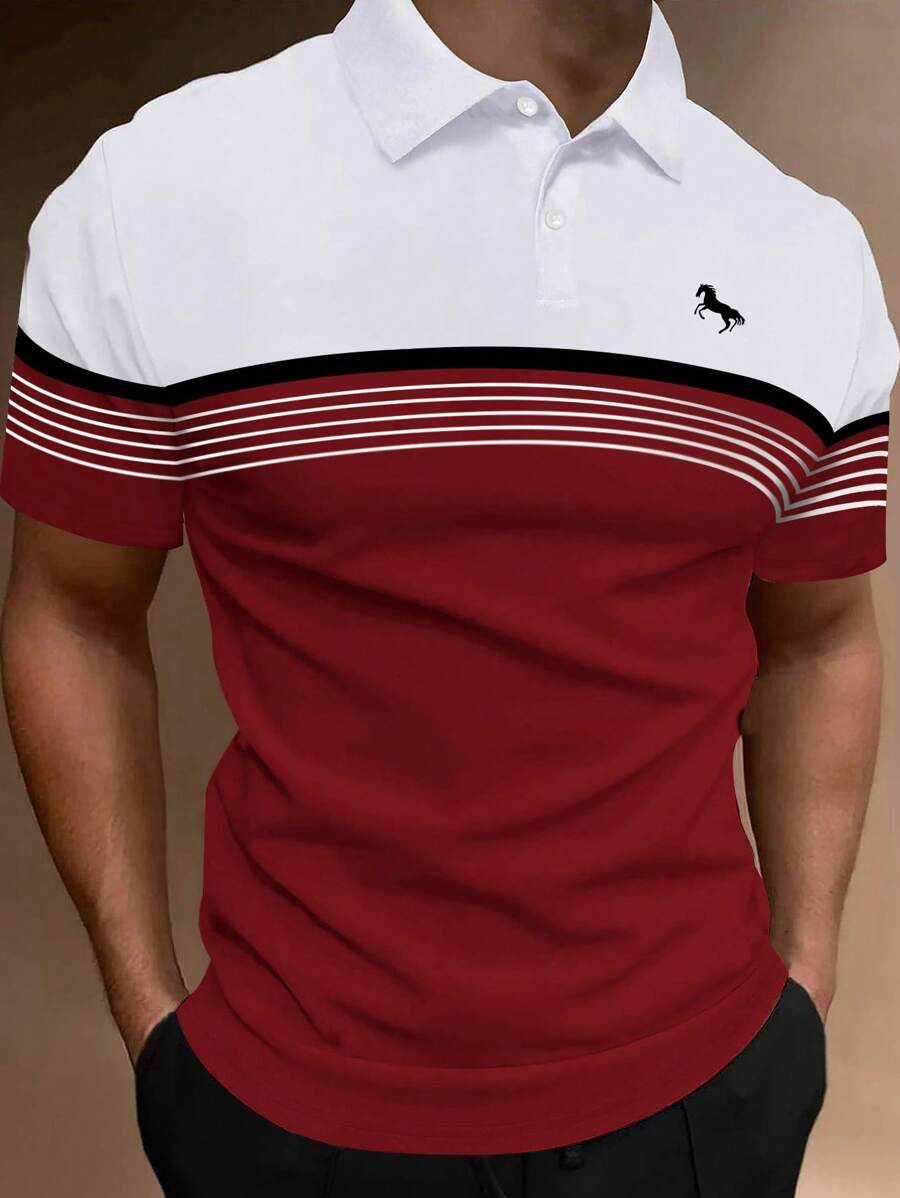 Manfinity Homme Men Plus Striped & Horse Print Polo Shirt - Burgundy - View 1