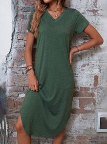 SHEIN LUNE Vestido estilo camiseta unicolor de cuello V - Verde militar - Ver 4