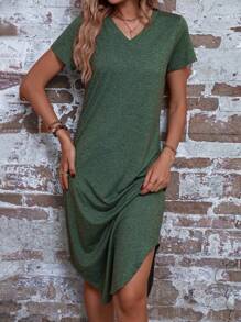 SHEIN LUNE Vestido estilo camiseta unicolor de cuello V - Verde militar - Ver 5