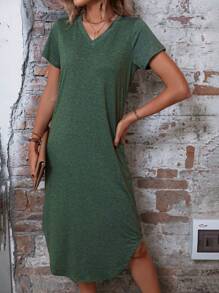SHEIN LUNE Vestido estilo camiseta unicolor de cuello V - Verde militar - Ver 1