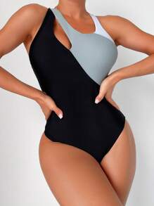 撞色鏤空單肩連體泳衣 - 彩色 - 查看 1