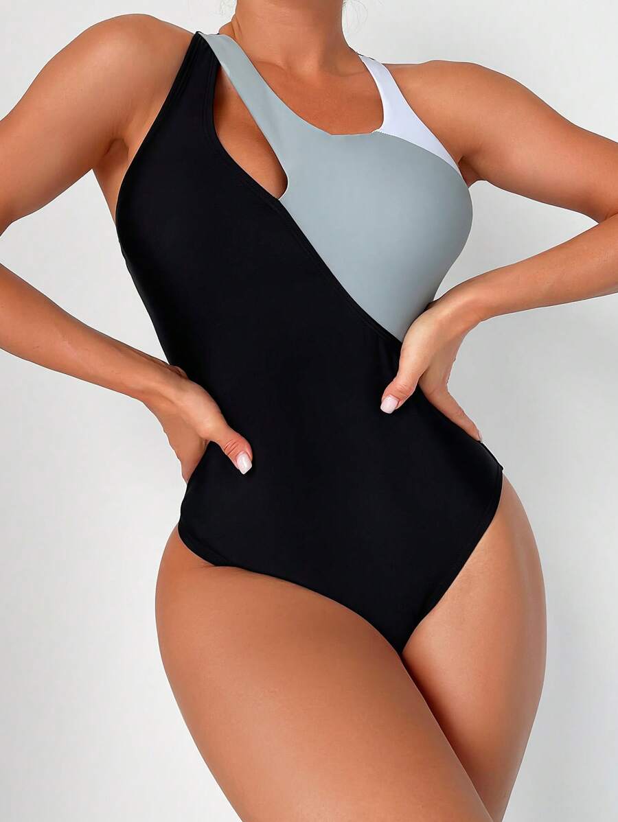 撞色鏤空單肩連體泳衣 - 彩色 - 查看 1