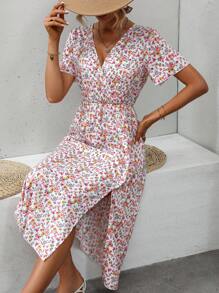 SHEIN Holidaya 碎花蝴蝶袖高衩連衣裙 - 白色 - 查看 4