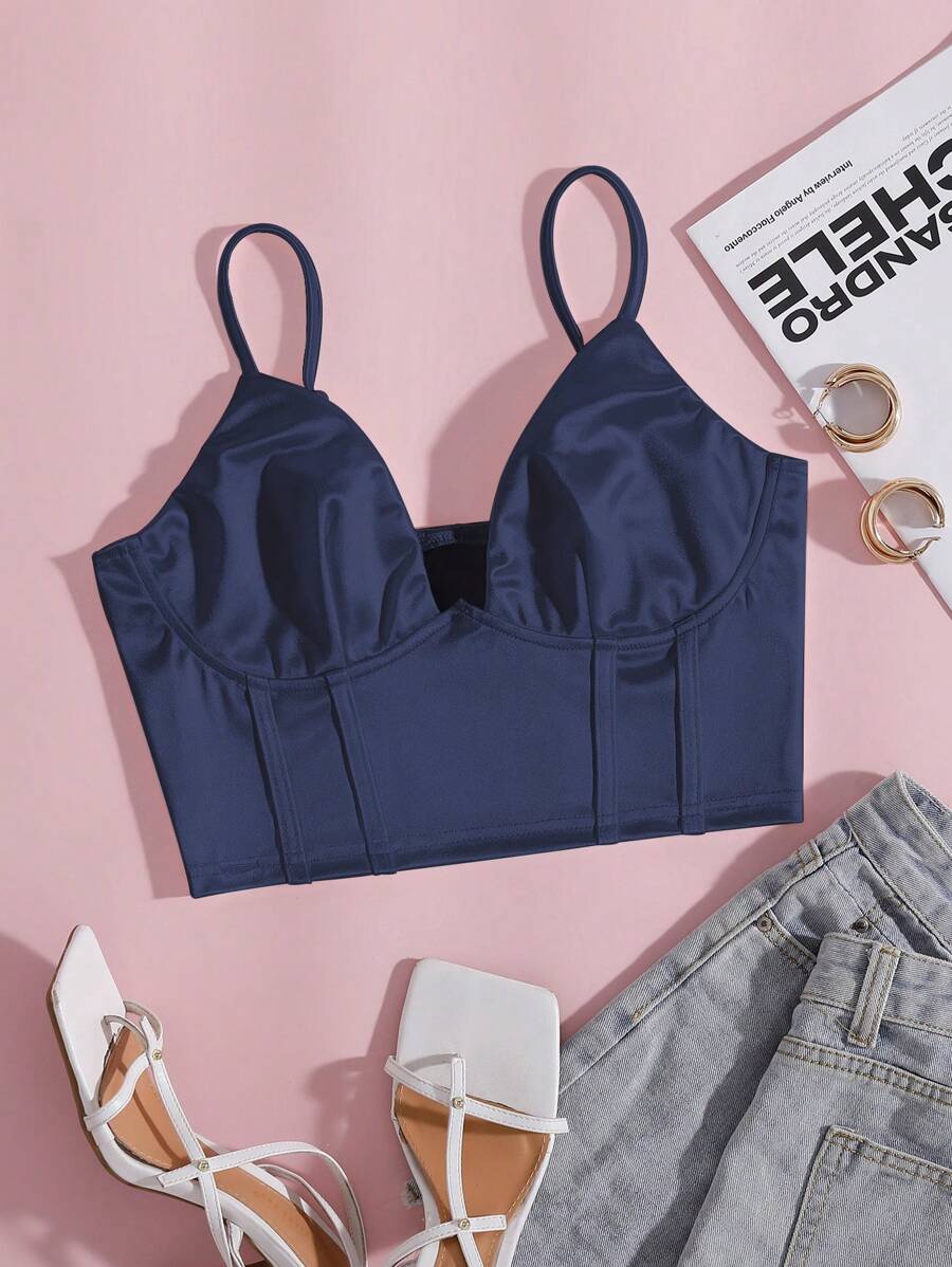 SHEIN Privé Solid Bustier Satin Crop Cami Top - Navy Blue - View 1