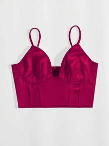 SHEIN Privé Solid Bustier Satin Crop Cami Top - Burgundy - View 4