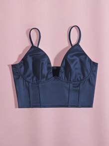 SHEIN Privé Solid Bustier Satin Crop Cami Top - Navy Blue - View 5