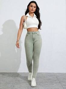 SHEIN Essnce 斜口袋緊身牛仔褲 - 軍綠色 - 查看 1