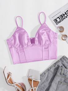 SHEIN Privé Solid Bustier Satin Crop Cami Top - Lilac Purple - View 1