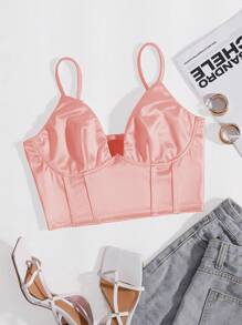SHEIN Privé Solid Bustier Satin Crop Cami Top - Baby Pink - View 1