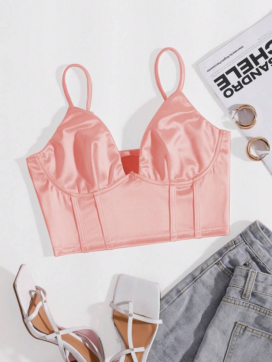 SHEIN Privé Solid Bustier Satin Crop Cami Top - Baby Pink - View 1
