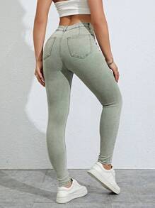 SHEIN Essnce 斜口袋緊身牛仔褲 - 軍綠色 - 查看 2