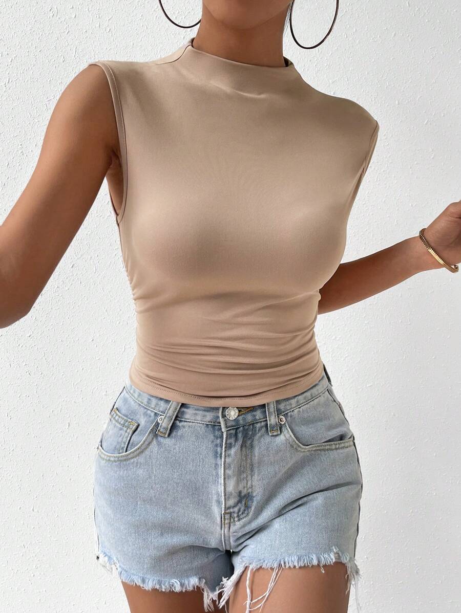 SHEIN Privé Solid Mock Neck Tank Top - Khaki - View 1