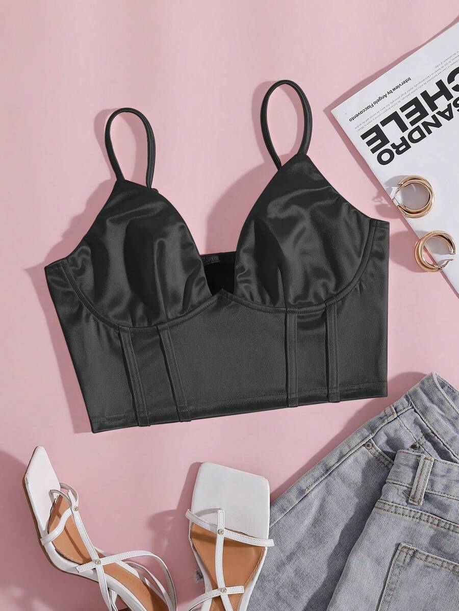 Chiquease Solid Bustier Satin Crop Cami Top - Black - View 1