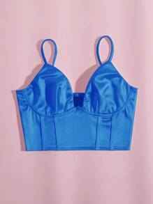 SHEIN Privé 素色緊身上衣緞面吊帶短上衣 - 寶藍色 - 查看 3