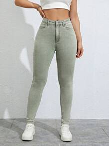 SHEIN Essnce 斜口袋緊身牛仔褲 - 軍綠色 - 查看 4