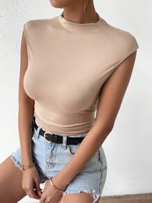 SHEIN Privé Solid Mock Neck Tank Top - Khaki - View 4