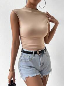 SHEIN Privé Solid Mock Neck Tank Top - Khaki - View 5