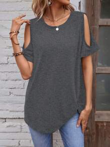 SHEIN LUNE Áo thun nữ Cắt ra màu trơn Giải trí - Màu xám đen - Xem 1