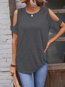 SHEIN LUNE Áo thun nữ Cắt ra màu trơn Giải trí - Màu xám đen - Xem 3