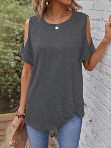 SHEIN LUNE Áo thun nữ Cắt ra màu trơn Giải trí - Màu xám đen - Xem 4