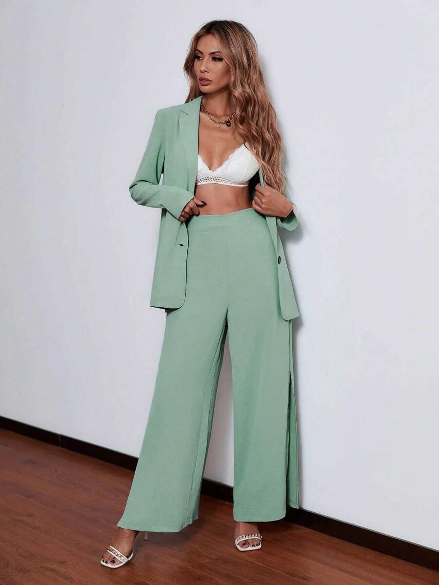 Chiquease Lapel Collar Button Through Blouse & Split Trousers - Mint Green - View 1
