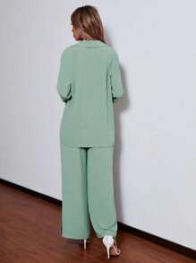 Chiquease Lapel Collar Button Through Blouse & Split Trousers - Mint Green - View 2