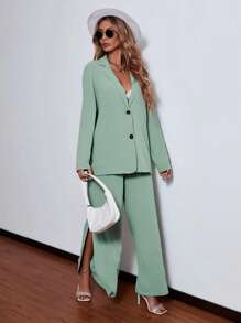 Chiquease Lapel Collar Button Through Blouse & Split Trousers - Mint Green - View 3