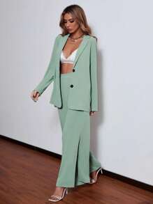 Chiquease Lapel Collar Button Through Blouse & Split Trousers - Mint Green - View 6