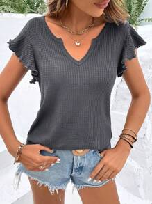 SHEIN LUNE Notched Neckline Butterfly Sleeve Waffle Knit Tee - Dark Grey - View 1