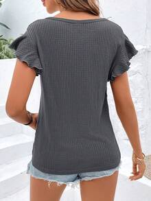 SHEIN LUNE Notched Neckline Butterfly Sleeve Waffle Knit Tee - Dark Grey - View 2
