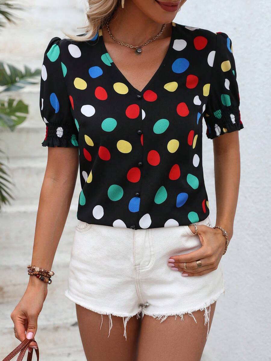 SHEIN LUNE Áo sơ mi nữ Nút phía trước Chấm bi Giải trí - màu đen - Xem 1