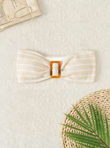 SHEIN Swim 條紋圖案帶扣細節褶邊抹胸比基尼上衣