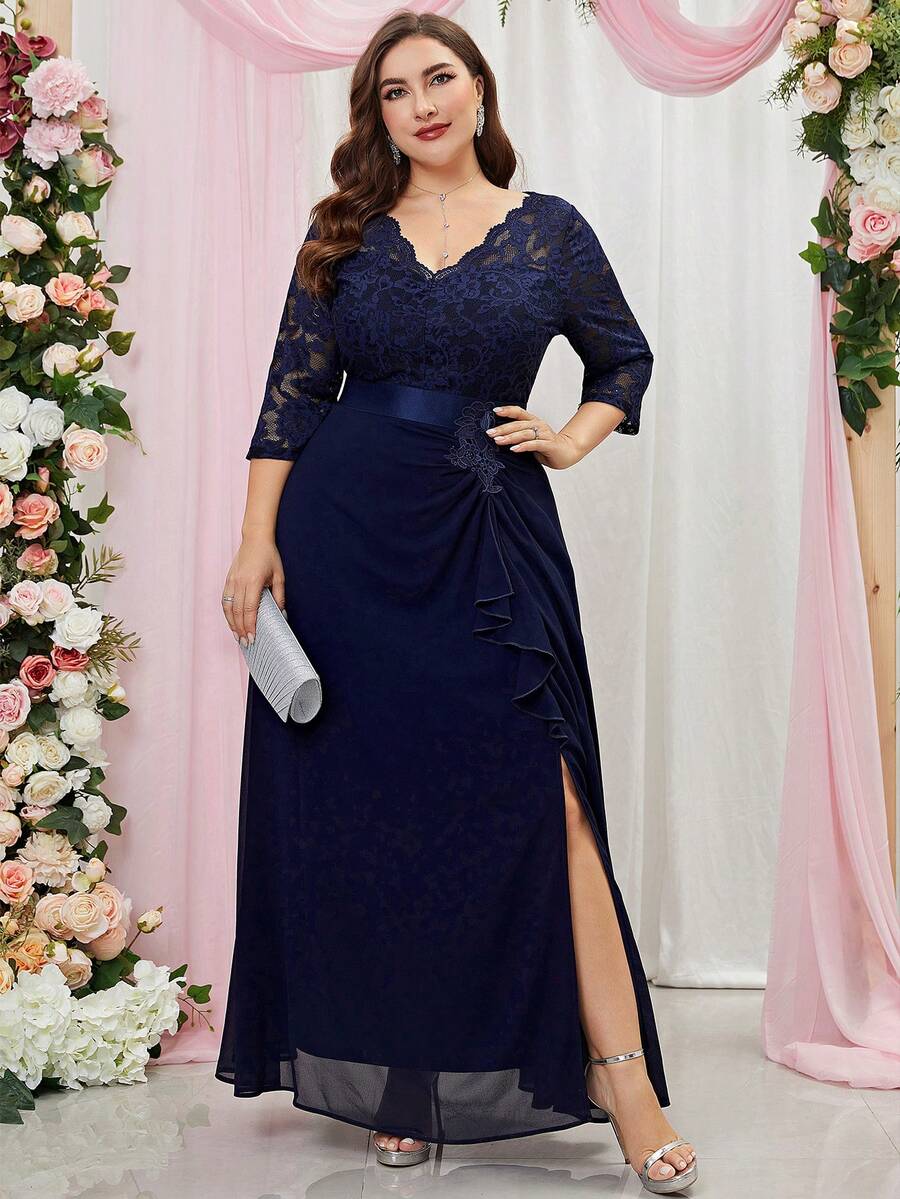 MIUSOL 大碼荷葉邊高衩蕾絲正式洋裝 - 藏蓝色 - 查看 1