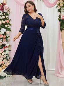 MIUSOL 大碼荷葉邊高衩蕾絲正式洋裝 - 藏蓝色 - 查看 4