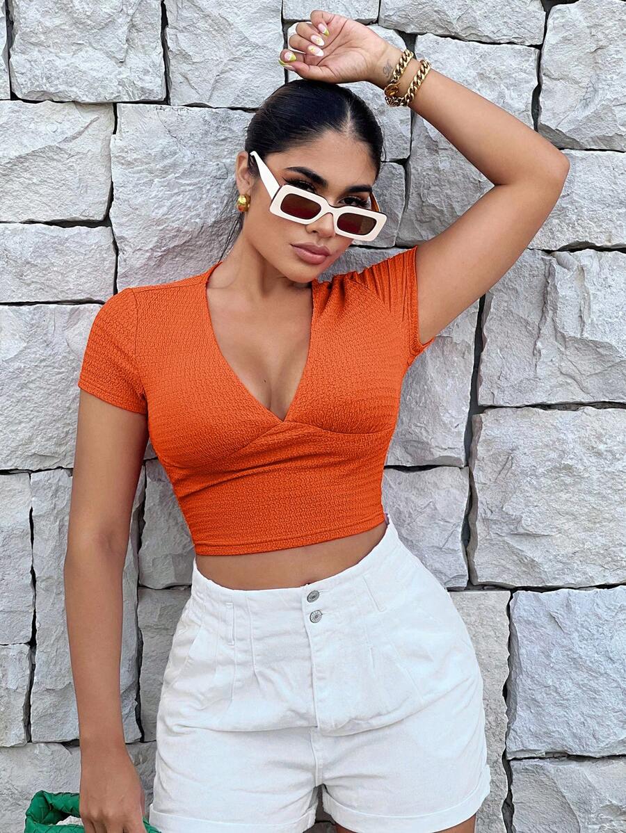 SHEIN SXY Áo thun nữ màu trơn Giải trí - trái cam - Xem 1