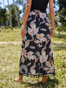 SHEIN Clasi Floral Print Tassel Hem Skirt - Black - View 2