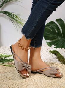 Women Wide Fit Rhinestone & Bow Decor Slide Sandals, Corduroy Fashion Sandals - Apricot - View 2