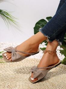 Women Wide Fit Rhinestone & Bow Decor Slide Sandals, Corduroy Fashion Sandals - Apricot - View 3