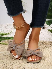 Women Wide Fit Rhinestone & Bow Decor Slide Sandals, Corduroy Fashion Sandals - Apricot - View 5