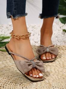 Women Wide Fit Rhinestone & Bow Decor Slide Sandals, Corduroy Fashion Sandals - Apricot - View 7