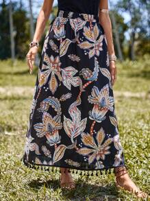 SHEIN Clasi Floral Print Tassel Hem Skirt - Black - View 3