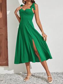 SHEIN Frenchy Váy ba lỗ không tay dây màu trơn, Váy suông thường ngày màu trơn, Váy mùa thu, Váy nữ, Váy học sinh - màu xanh lá - Xem 6