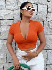 SHEIN SXY Áo thun nữ màu trơn Giải trí - trái cam - Xem 5