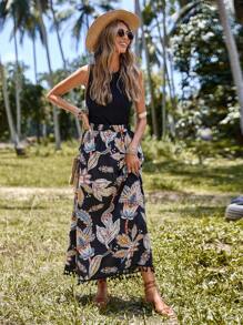 SHEIN Clasi Floral Print Tassel Hem Skirt - Black - View 5