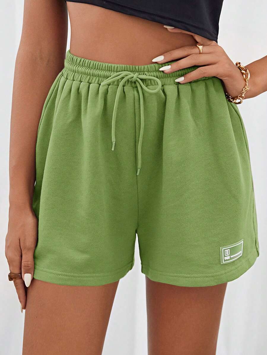 SHEIN EZwear 腰部抽繩貼布細節短褲 - 青檸色 - 查看 1