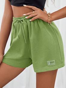 SHEIN EZwear 腰部抽繩貼布細節短褲 - 青檸色 - 查看 3